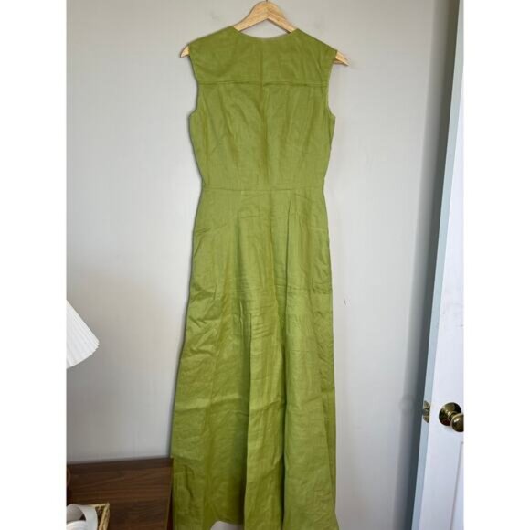NEW Saloni  Sierra Shirt Sleeveless Frayed Linen Trim Maxi Dress Green Size: 2 - Picture 6 of 7